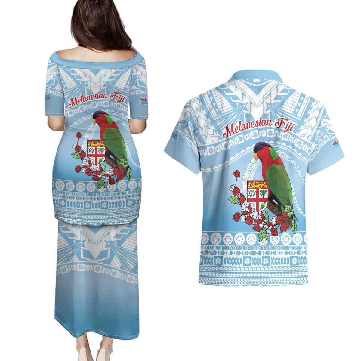 Melanesian Fiji Kula Bird Couples Matching Puletasi and Hawaiian Shirt with Tagimoucia Masi Tapa Pattern LT9 - Polynesian Pride