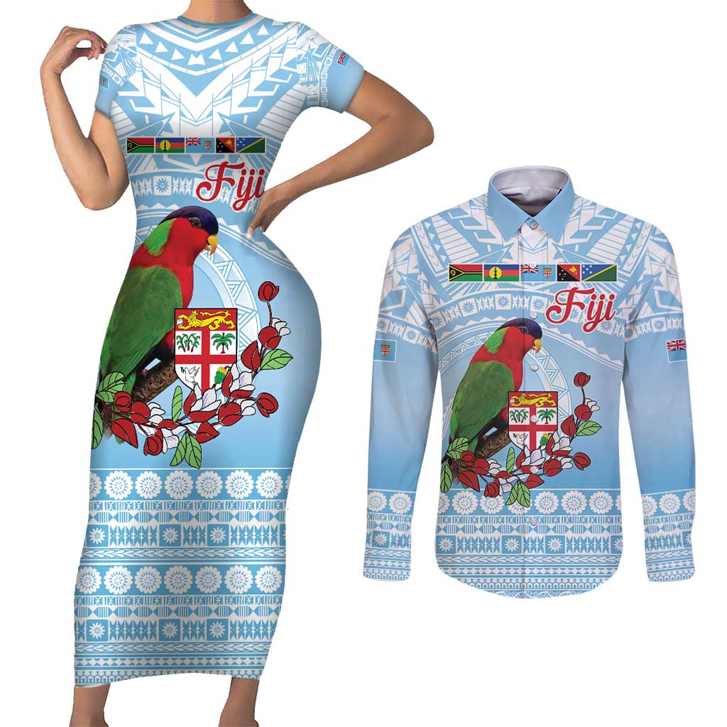 Melanesian Fiji Kula Bird Couples Matching Short Sleeve Bodycon Dress and Long Sleeve Button Shirt with Tagimoucia Masi Tapa Pattern LT9 Blue - Polynesian Pride