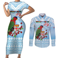 Melanesian Fiji Kula Bird Couples Matching Short Sleeve Bodycon Dress and Long Sleeve Button Shirt with Tagimoucia Masi Tapa Pattern LT9 Blue - Polynesian Pride