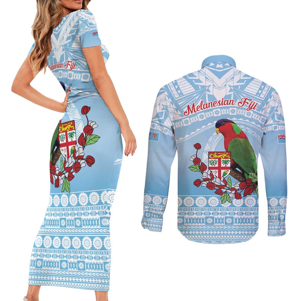 Melanesian Fiji Kula Bird Couples Matching Short Sleeve Bodycon Dress and Long Sleeve Button Shirt with Tagimoucia Masi Tapa Pattern LT9 - Polynesian Pride