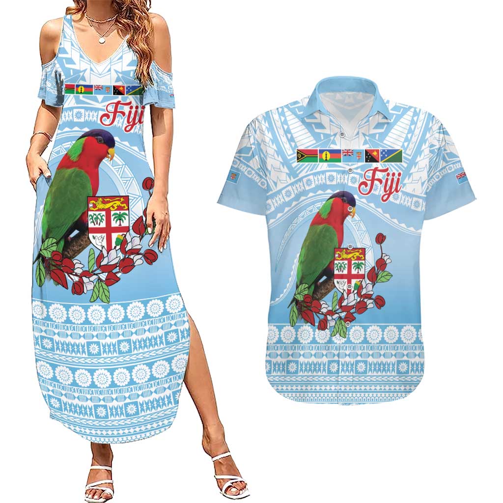 Melanesian Fiji Kula Bird Couples Matching Summer Maxi Dress and Hawaiian Shirt with Tagimoucia Masi Tapa Pattern LT9 Blue - Polynesian Pride