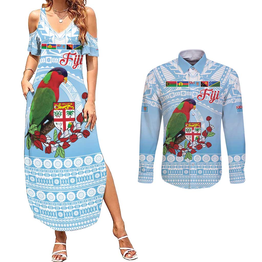 Melanesian Fiji Kula Bird Couples Matching Summer Maxi Dress and Long Sleeve Button Shirt with Tagimoucia Masi Tapa Pattern LT9 Blue - Polynesian Pride