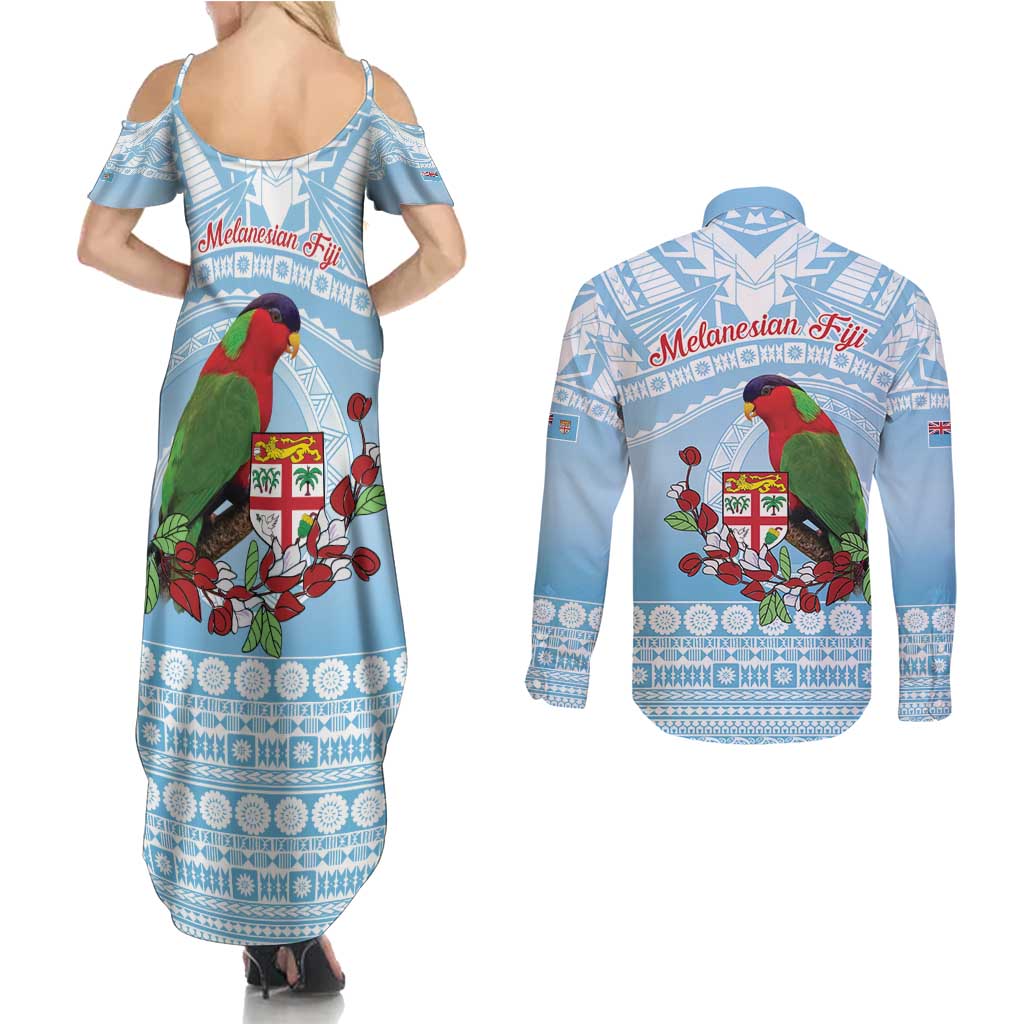 Melanesian Fiji Kula Bird Couples Matching Summer Maxi Dress and Long Sleeve Button Shirt with Tagimoucia Masi Tapa Pattern LT9 - Polynesian Pride