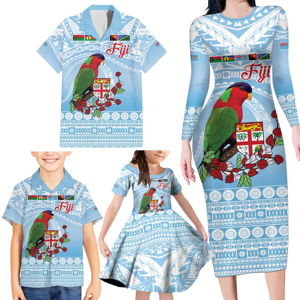 Melanesian Fiji Kula Bird Family Matching Long Sleeve Bodycon Dress and Hawaiian Shirt with Tagimoucia Masi Tapa Pattern LT9 - Polynesian Pride