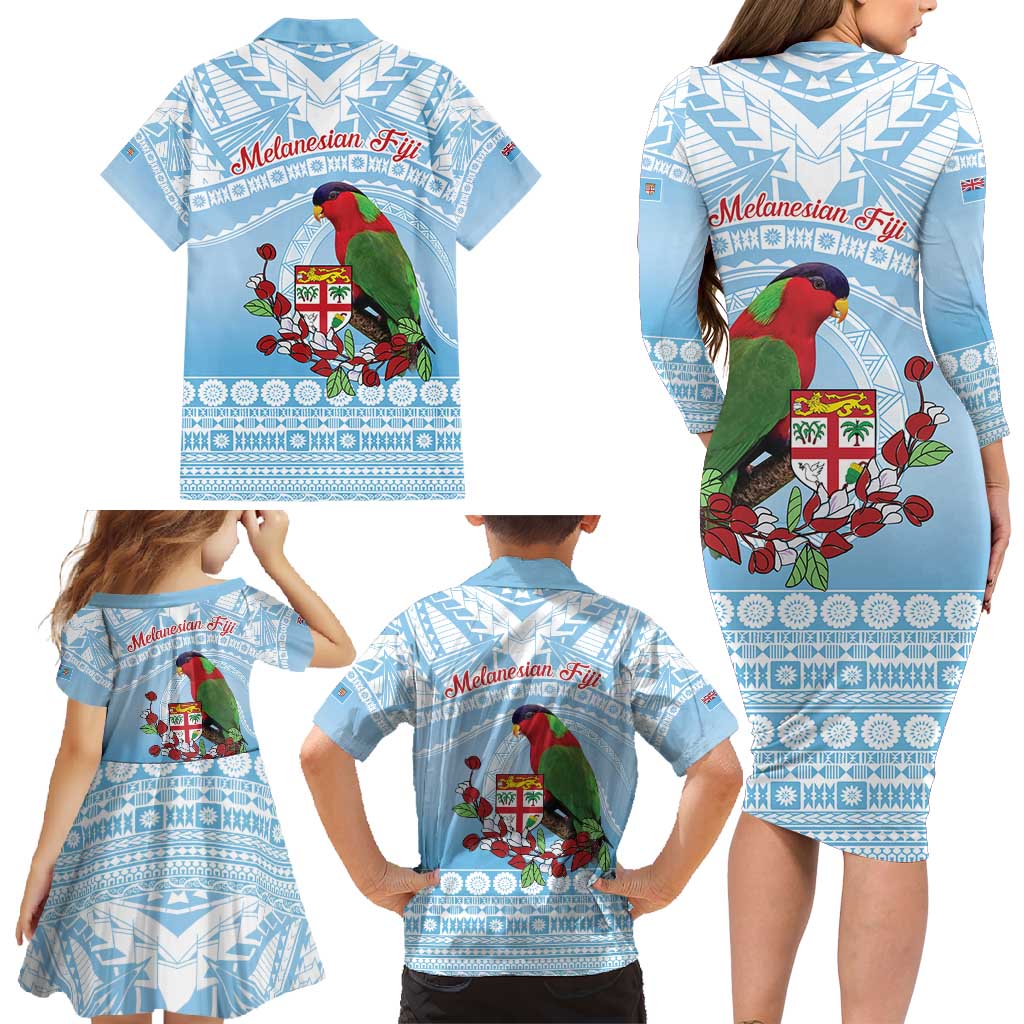 Melanesian Fiji Kula Bird Family Matching Long Sleeve Bodycon Dress and Hawaiian Shirt with Tagimoucia Masi Tapa Pattern LT9 - Polynesian Pride