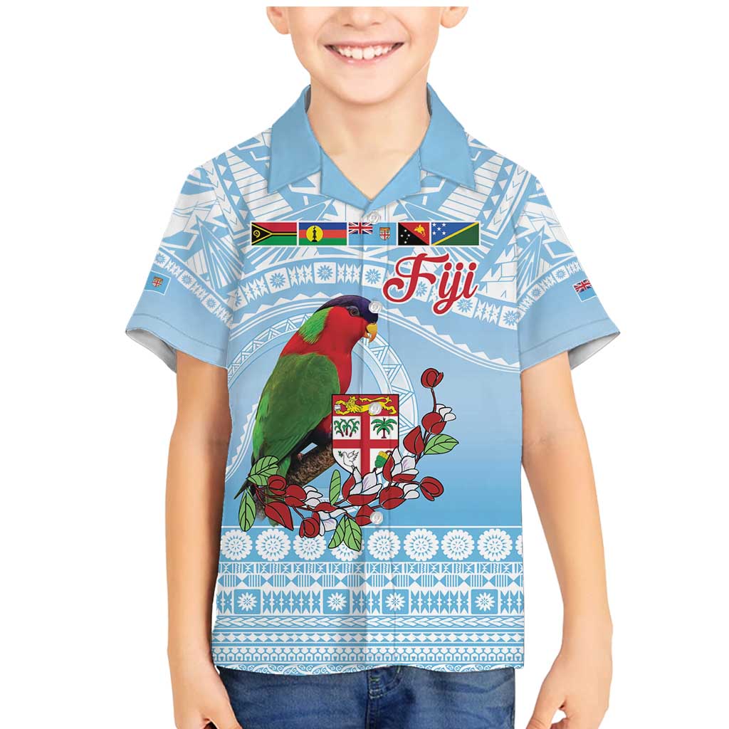 Melanesian Fiji Kula Bird Family Matching Mermaid Dress and Hawaiian Shirt with Tagimoucia Masi Tapa Pattern LT9 Son's Shirt Blue - Polynesian Pride