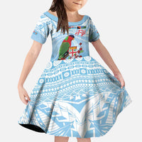 Melanesian Fiji Kula Bird Family Matching Off The Shoulder Long Sleeve Dress and Hawaiian Shirt with Tagimoucia Masi Tapa Pattern LT9 Daughter's Dress Blue - Polynesian Pride