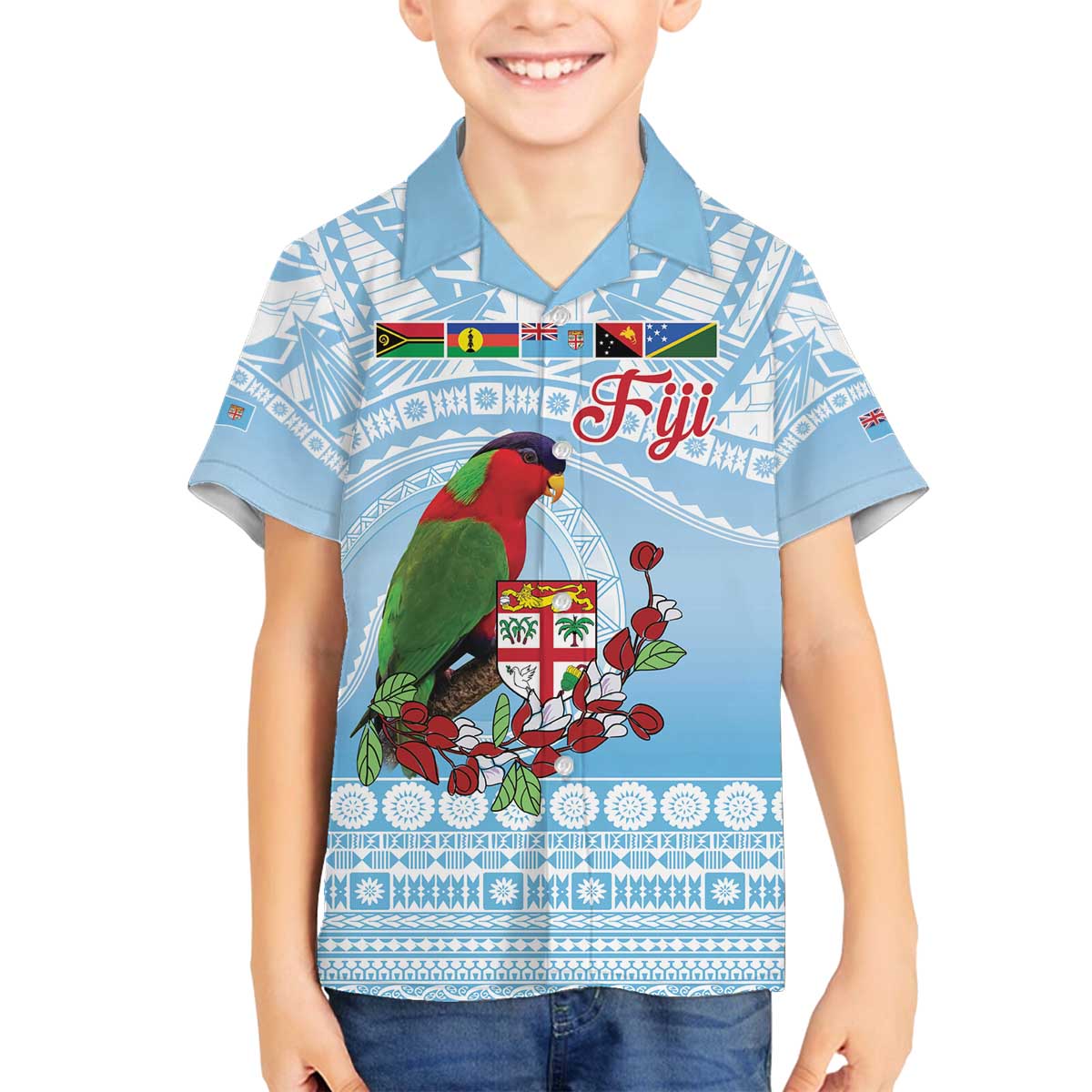 Melanesian Fiji Kula Bird Family Matching Off The Shoulder Long Sleeve Dress and Hawaiian Shirt with Tagimoucia Masi Tapa Pattern LT9 Son's Shirt Blue - Polynesian Pride