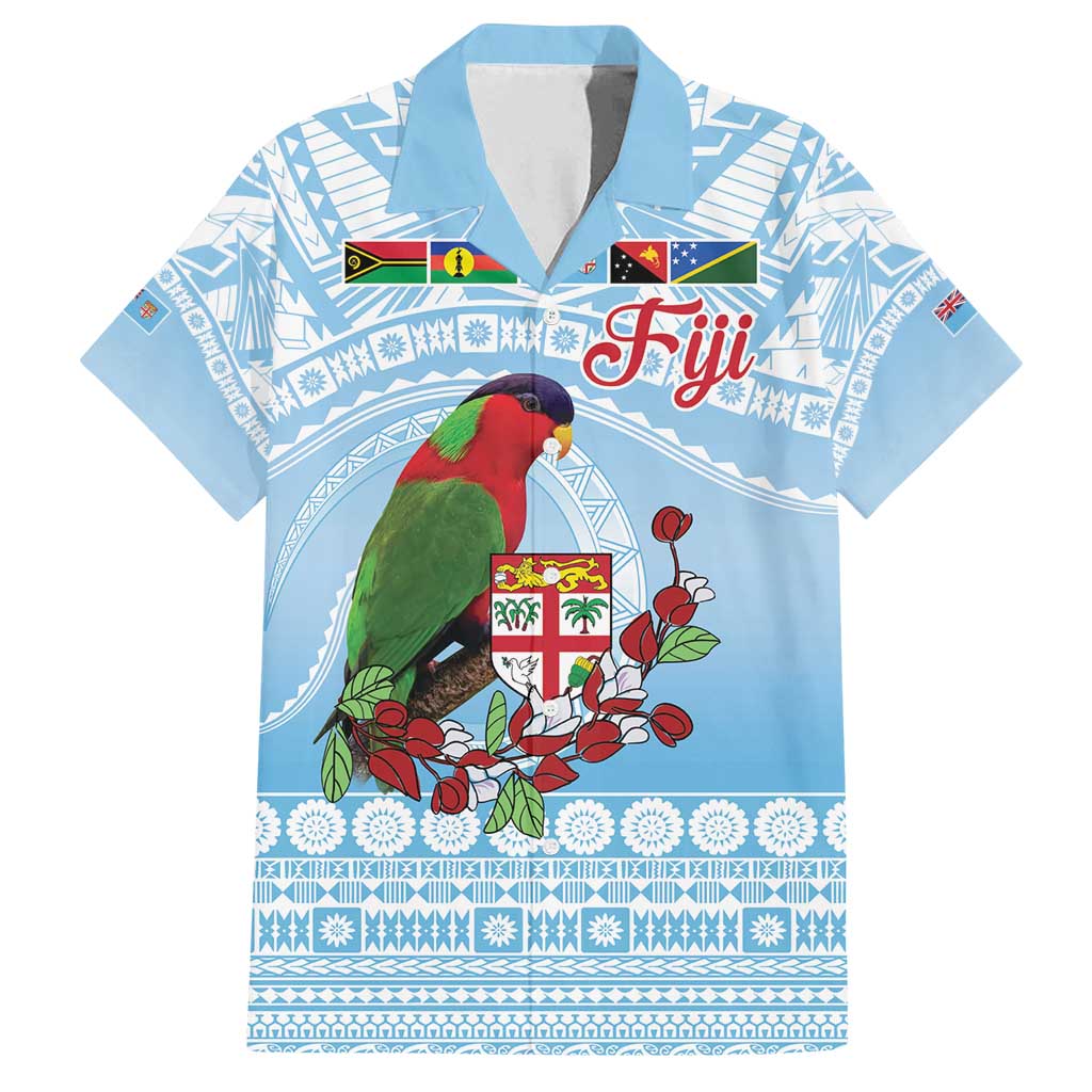 Melanesian Fiji Kula Bird Family Matching Off Shoulder Maxi Dress and Hawaiian Shirt with Tagimoucia Masi Tapa Pattern LT9 Dad's Shirt - Short Sleeve Blue - Polynesian Pride