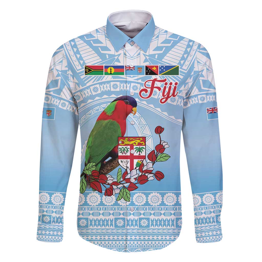 Melanesian Fiji Kula Bird Family Matching Off Shoulder Maxi Dress and Hawaiian Shirt with Tagimoucia Masi Tapa Pattern LT9 Dad's Shirt - Long Sleeve Blue - Polynesian Pride