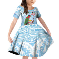Melanesian Fiji Kula Bird Family Matching Off Shoulder Short Dress and Hawaiian Shirt with Tagimoucia Masi Tapa Pattern LT9 Daughter's Dress Blue - Polynesian Pride