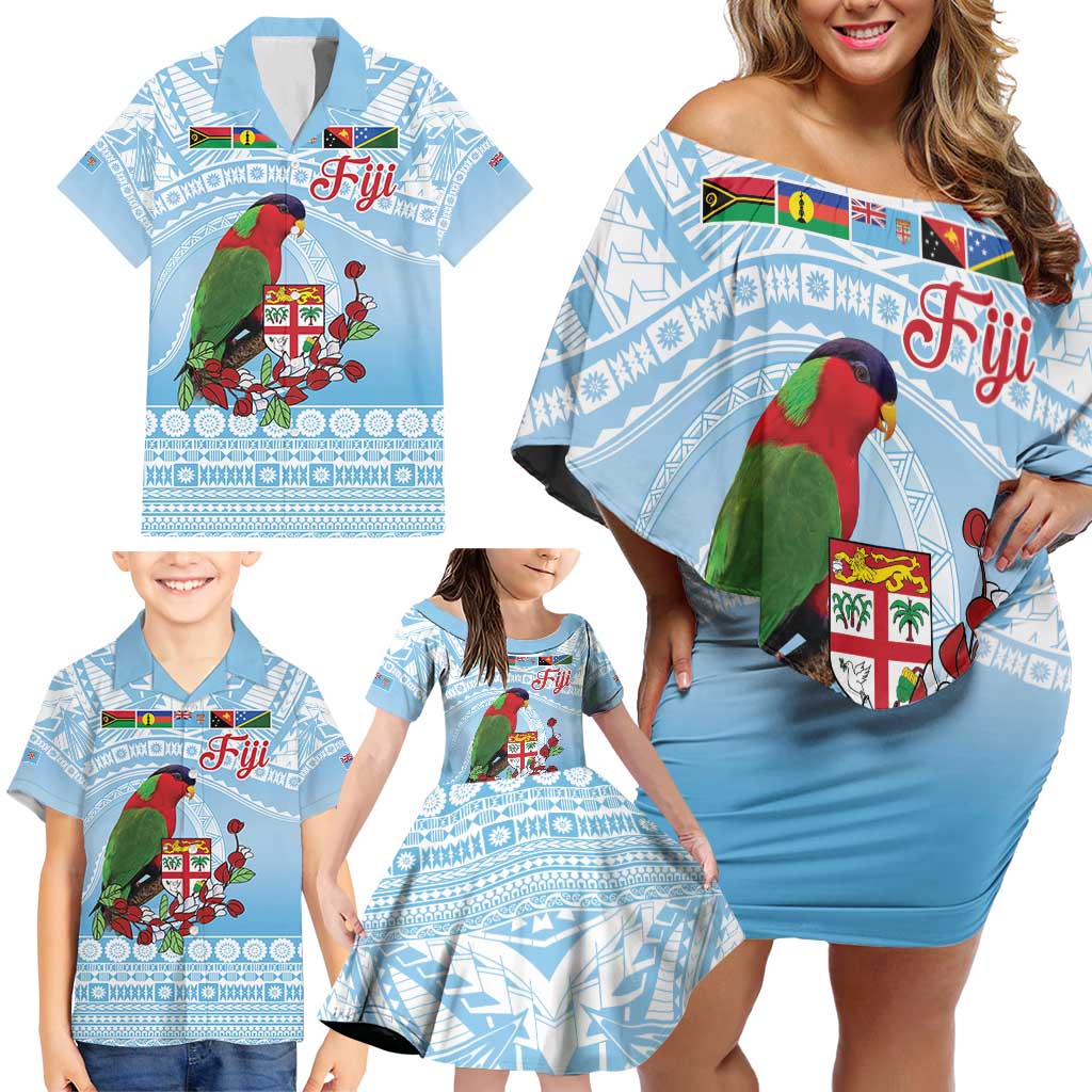 Melanesian Fiji Kula Bird Family Matching Off Shoulder Short Dress and Hawaiian Shirt with Tagimoucia Masi Tapa Pattern LT9 - Polynesian Pride