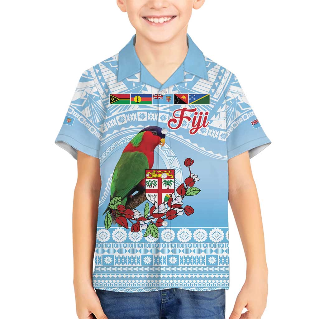 Melanesian Fiji Kula Bird Family Matching Puletasi and Hawaiian Shirt with Tagimoucia Masi Tapa Pattern LT9 Son's Shirt Blue - Polynesian Pride