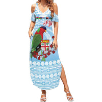 Melanesian Fiji Kula Bird Family Matching Summer Maxi Dress and Hawaiian Shirt with Tagimoucia Masi Tapa Pattern LT9 Mom's Dress Blue - Polynesian Pride