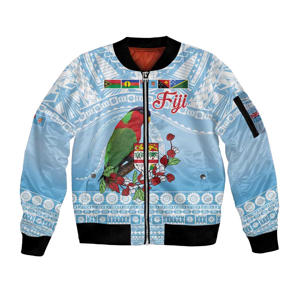 Melanesian Fiji Kula Bird Sleeve Zip Bomber Jacket with Tagimoucia Masi Tapa Pattern LT9 Unisex Blue - Polynesian Pride