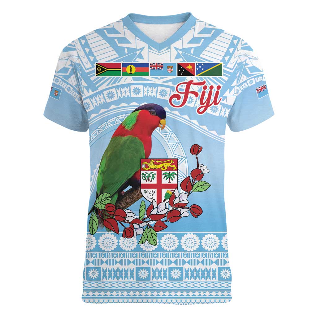 Melanesian Fiji Kula Bird Women V-Neck T-Shirt with Tagimoucia Masi Tapa Pattern LT9 Female Blue - Polynesian Pride