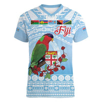 Melanesian Fiji Kula Bird Women V-Neck T-Shirt with Tagimoucia Masi Tapa Pattern LT9 Female Blue - Polynesian Pride