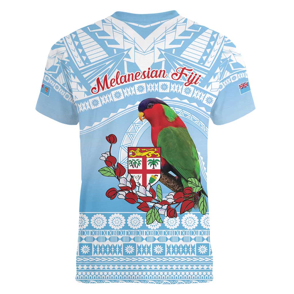 Melanesian Fiji Kula Bird Women V-Neck T-Shirt with Tagimoucia Masi Tapa Pattern LT9 - Polynesian Pride