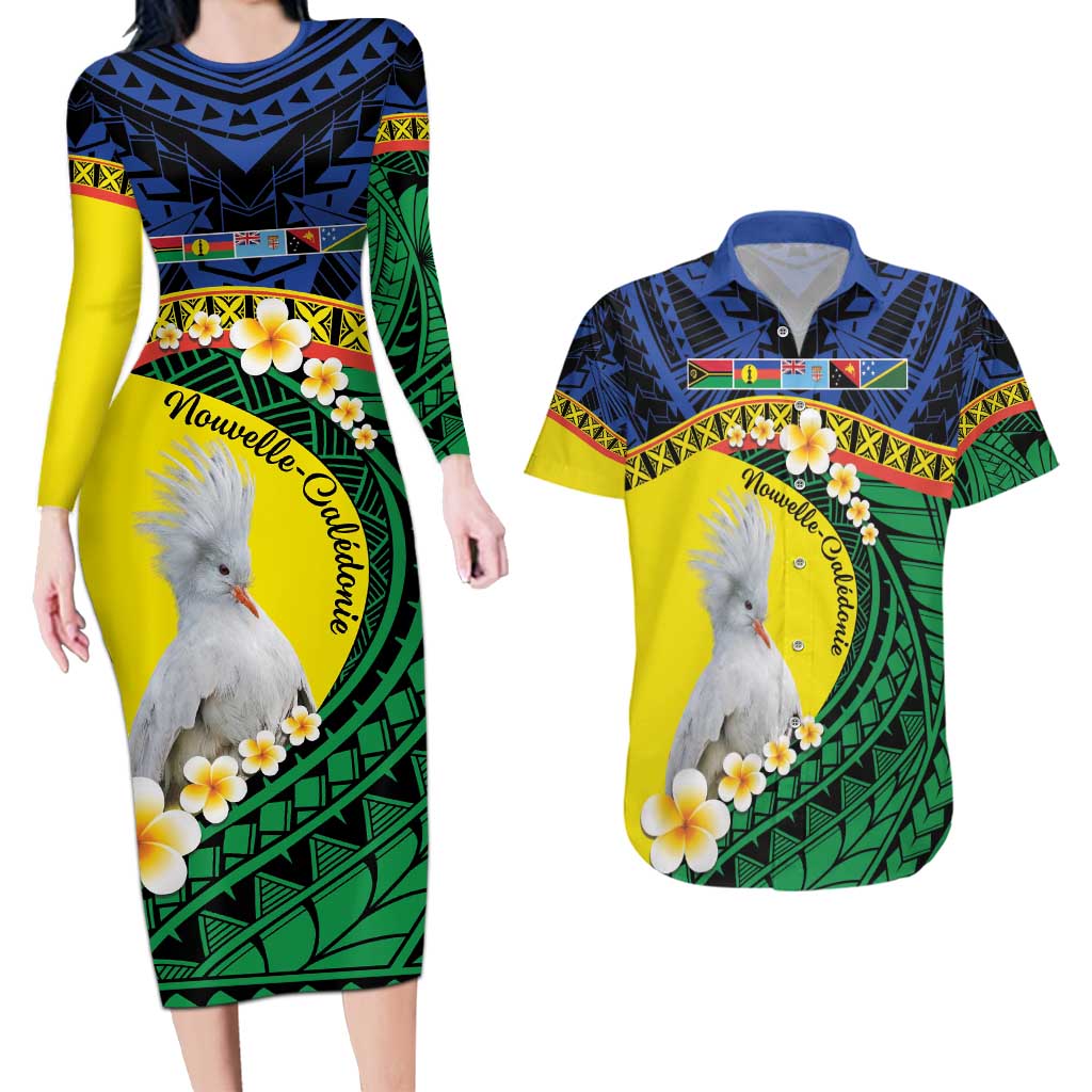 Melanesian New Caledonia Couples Matching Long Sleeve Bodycon Dress and Hawaiian Shirt Plumeria Kagu Bird and Nautilus Shell LT9 Blue - Polynesian Pride