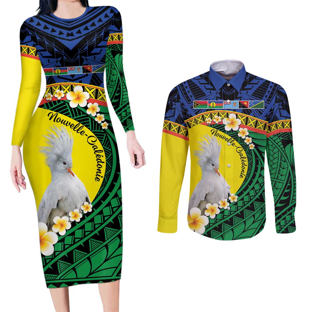 Melanesian New Caledonia Couples Matching Long Sleeve Bodycon Dress and Long Sleeve Button Shirt Plumeria Kagu Bird and Nautilus Shell LT9 Blue - Polynesian Pride