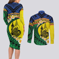Melanesian New Caledonia Couples Matching Long Sleeve Bodycon Dress and Long Sleeve Button Shirt Plumeria Kagu Bird and Nautilus Shell LT9 - Polynesian Pride