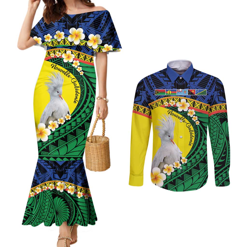 Melanesian New Caledonia Couples Matching Mermaid Dress and Long Sleeve Button Shirt Plumeria Kagu Bird and Nautilus Shell LT9 Blue - Polynesian Pride
