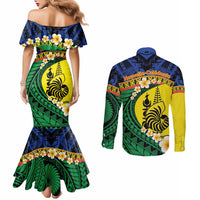 Melanesian New Caledonia Couples Matching Mermaid Dress and Long Sleeve Button Shirt Plumeria Kagu Bird and Nautilus Shell LT9 - Polynesian Pride