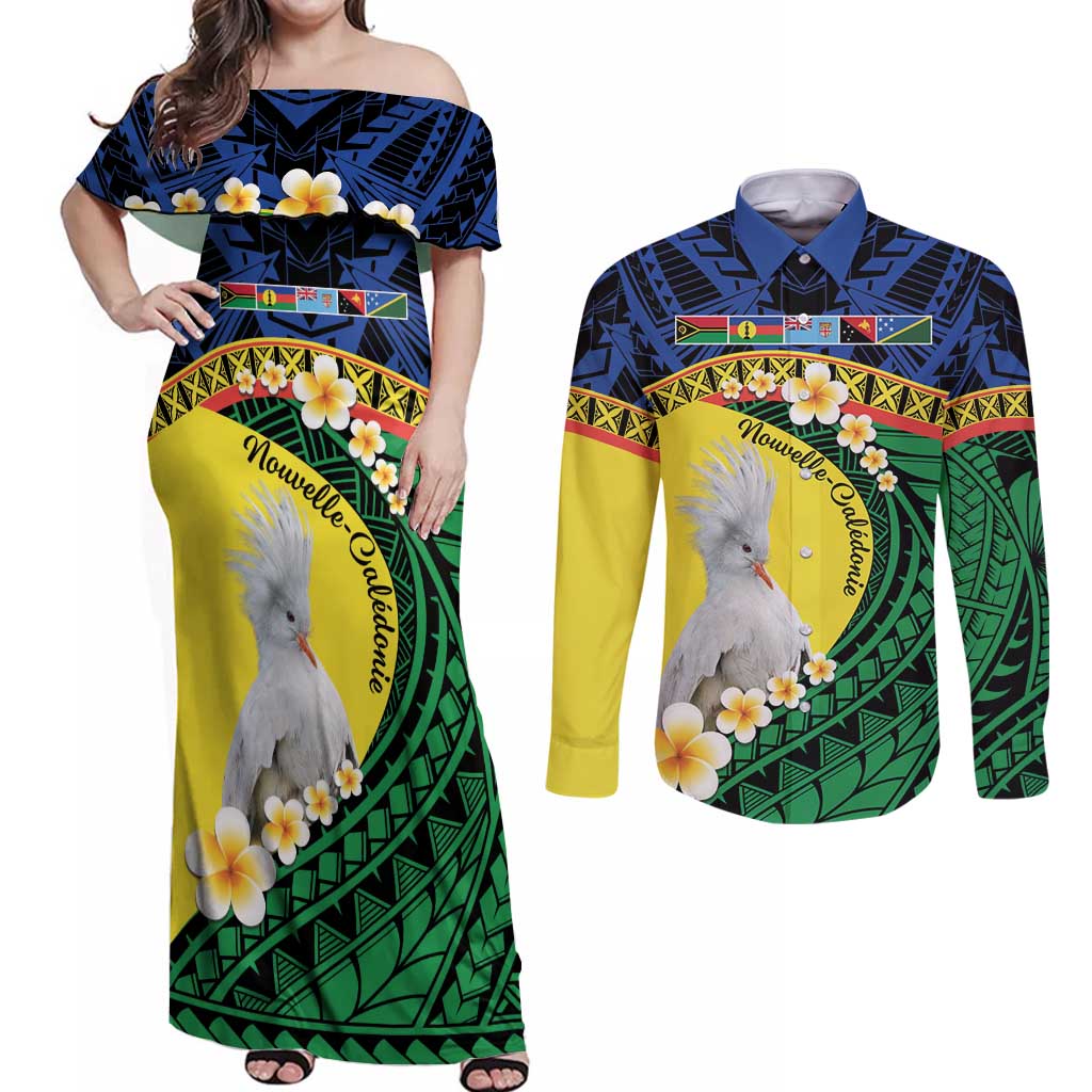 Melanesian New Caledonia Couples Matching Off Shoulder Maxi Dress and Long Sleeve Button Shirt Plumeria Kagu Bird and Nautilus Shell LT9 Blue - Polynesian Pride