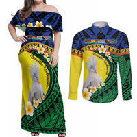 Melanesian New Caledonia Couples Matching Off Shoulder Maxi Dress and Long Sleeve Button Shirt Plumeria Kagu Bird and Nautilus Shell LT9 Blue - Polynesian Pride
