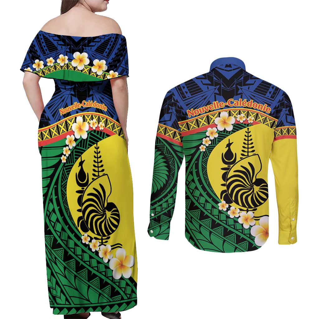 Melanesian New Caledonia Couples Matching Off Shoulder Maxi Dress and Long Sleeve Button Shirt Plumeria Kagu Bird and Nautilus Shell LT9 - Polynesian Pride