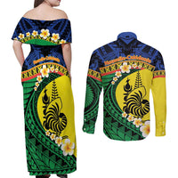 Melanesian New Caledonia Couples Matching Off Shoulder Maxi Dress and Long Sleeve Button Shirt Plumeria Kagu Bird and Nautilus Shell LT9 - Polynesian Pride