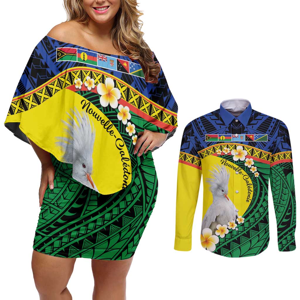 Melanesian New Caledonia Couples Matching Off Shoulder Short Dress and Long Sleeve Button Shirt Plumeria Kagu Bird and Nautilus Shell LT9 Blue - Polynesian Pride