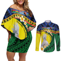 Melanesian New Caledonia Couples Matching Off Shoulder Short Dress and Long Sleeve Button Shirt Plumeria Kagu Bird and Nautilus Shell LT9 Blue - Polynesian Pride