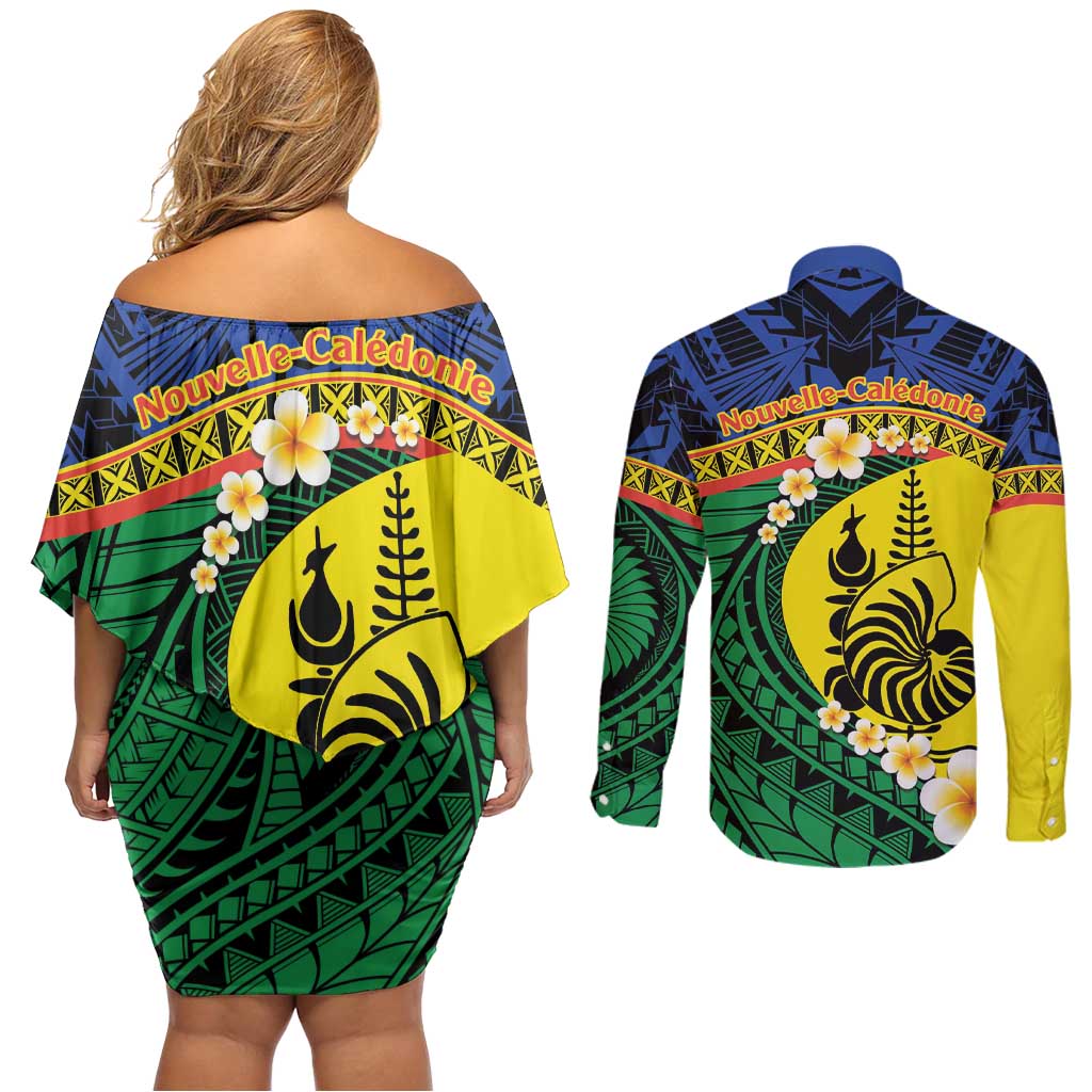Melanesian New Caledonia Couples Matching Off Shoulder Short Dress and Long Sleeve Button Shirt Plumeria Kagu Bird and Nautilus Shell LT9 - Polynesian Pride