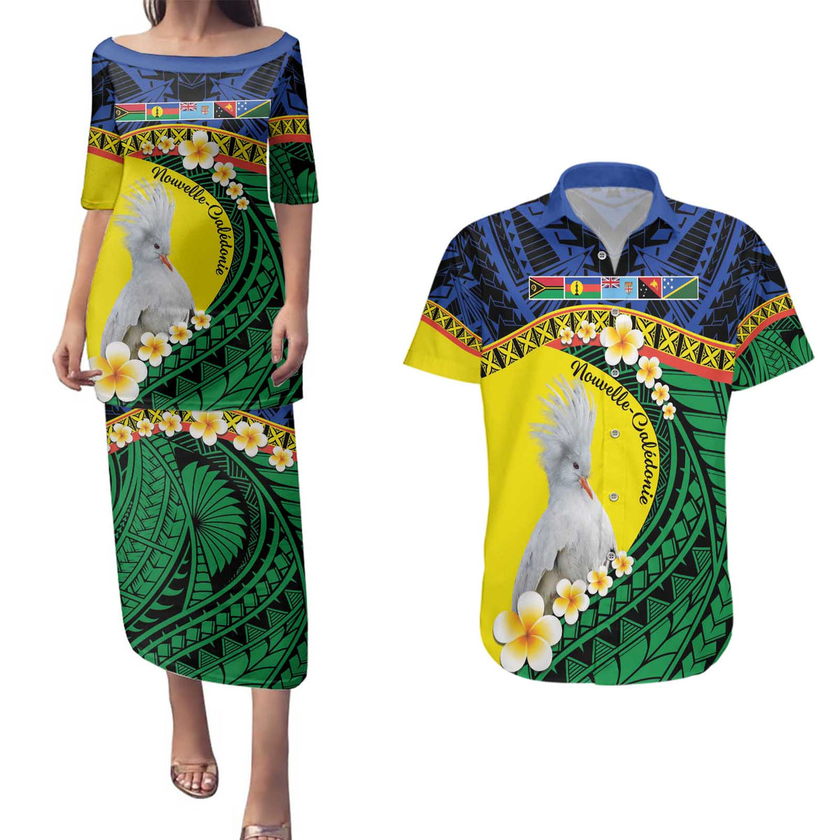Melanesian New Caledonia Couples Matching Puletasi and Hawaiian Shirt Plumeria Kagu Bird and Nautilus Shell LT9 Blue - Polynesian Pride