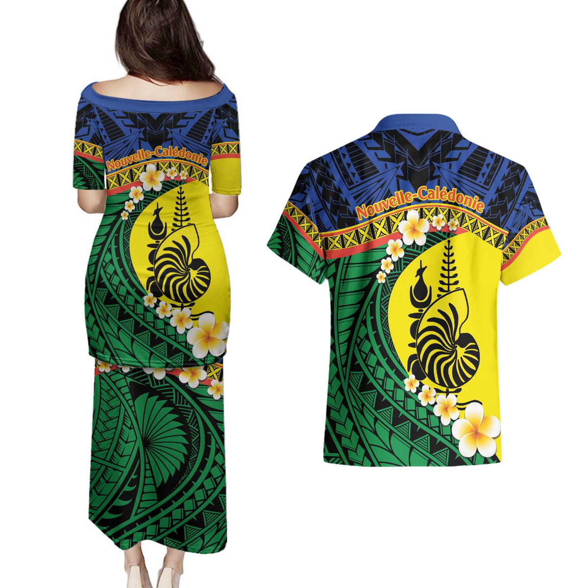 Melanesian New Caledonia Couples Matching Puletasi and Hawaiian Shirt Plumeria Kagu Bird and Nautilus Shell LT9 - Polynesian Pride