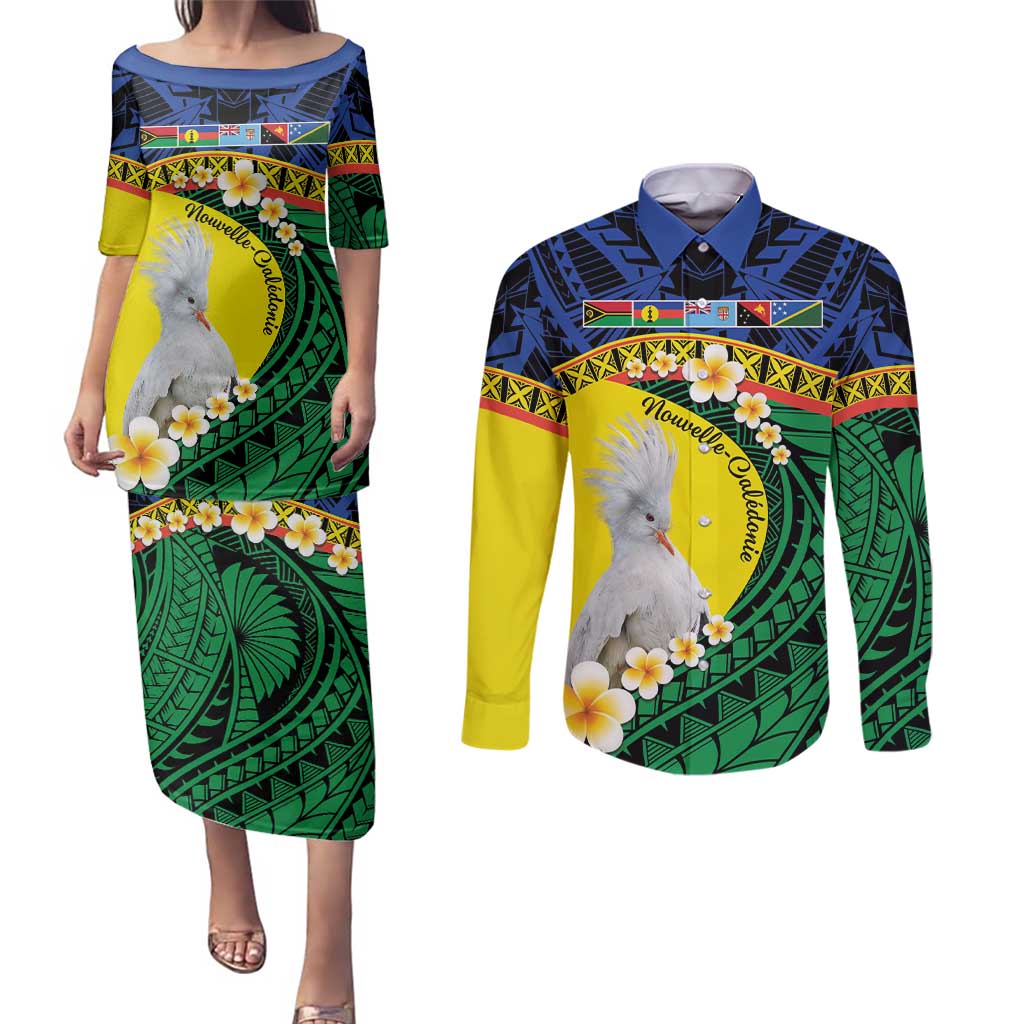 Melanesian New Caledonia Couples Matching Puletasi and Long Sleeve Button Shirt Plumeria Kagu Bird and Nautilus Shell LT9 Blue - Polynesian Pride