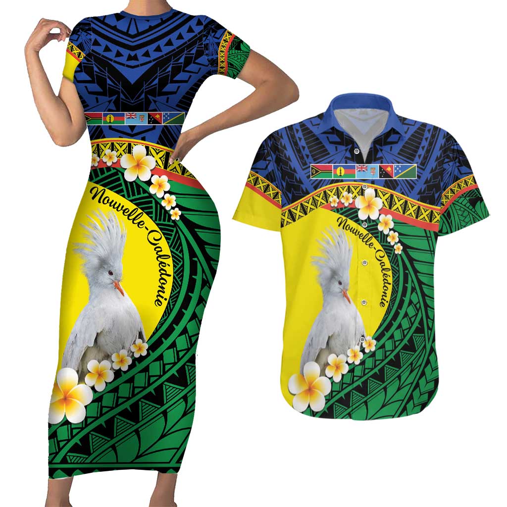 Melanesian New Caledonia Couples Matching Short Sleeve Bodycon Dress and Hawaiian Shirt Plumeria Kagu Bird and Nautilus Shell LT9 Blue - Polynesian Pride