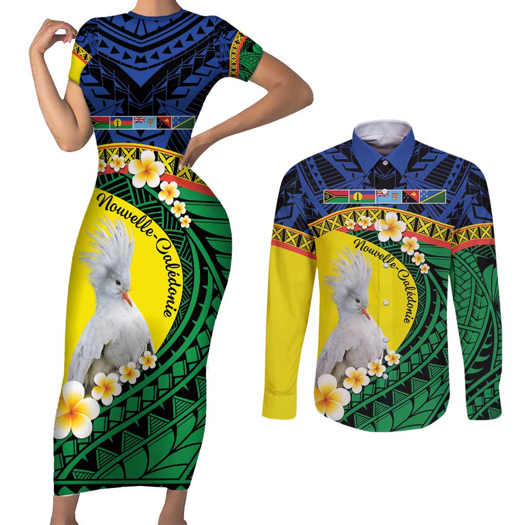 Melanesian New Caledonia Couples Matching Short Sleeve Bodycon Dress and Long Sleeve Button Shirt Plumeria Kagu Bird and Nautilus Shell LT9 Blue - Polynesian Pride