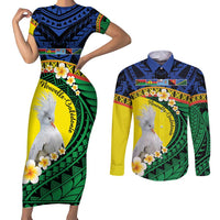 Melanesian New Caledonia Couples Matching Short Sleeve Bodycon Dress and Long Sleeve Button Shirt Plumeria Kagu Bird and Nautilus Shell LT9 Blue - Polynesian Pride