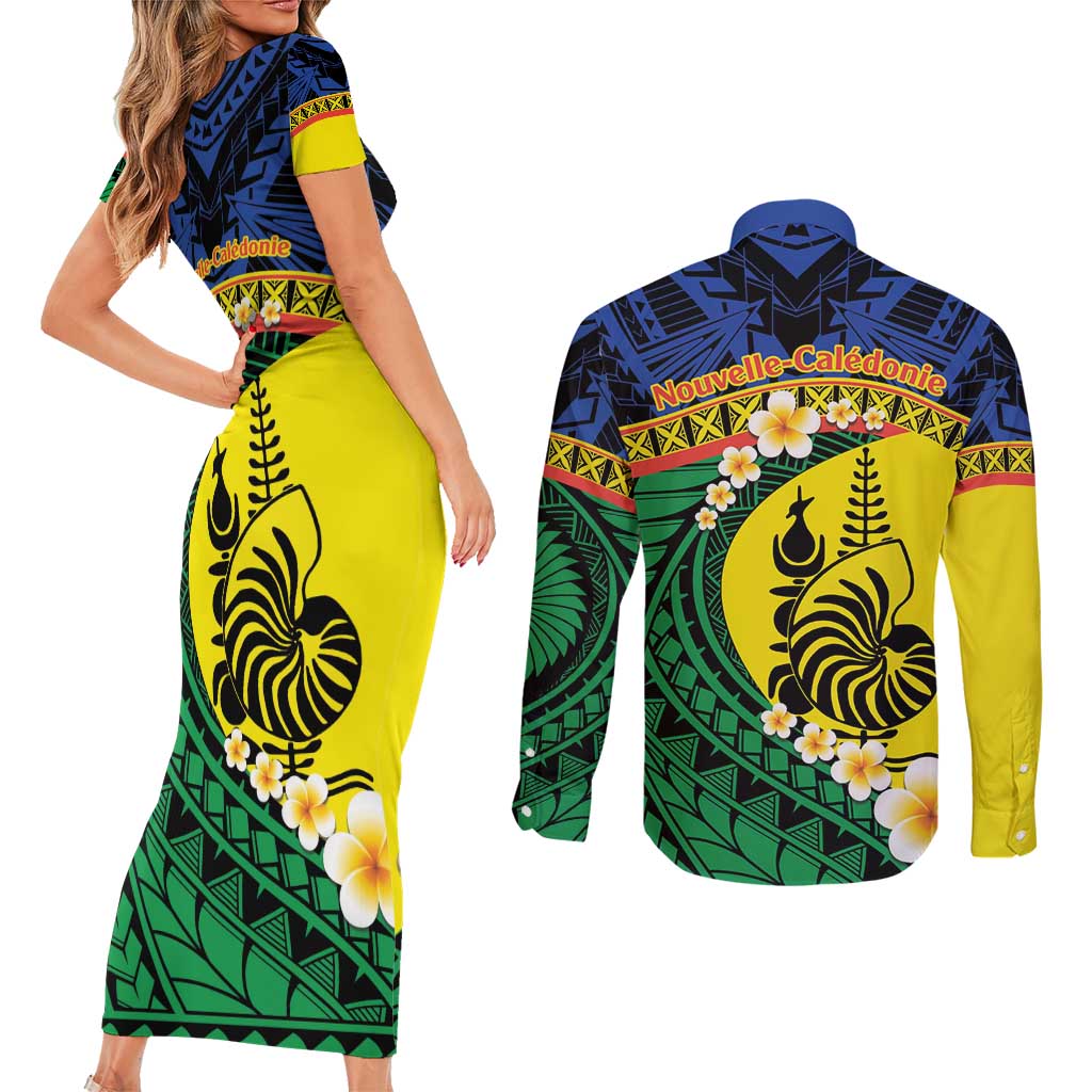 Melanesian New Caledonia Couples Matching Short Sleeve Bodycon Dress and Long Sleeve Button Shirt Plumeria Kagu Bird and Nautilus Shell LT9 - Polynesian Pride