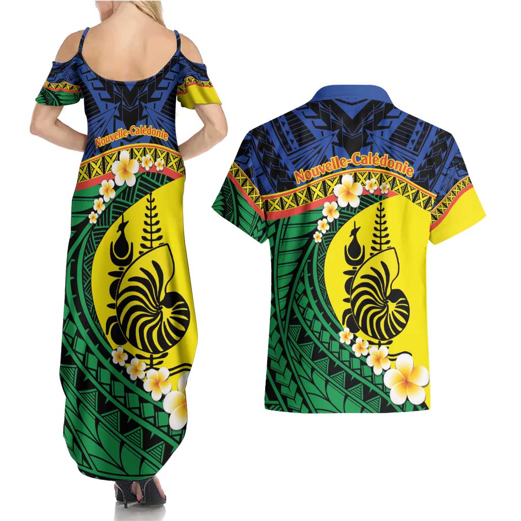 Melanesian New Caledonia Couples Matching Summer Maxi Dress and Hawaiian Shirt Plumeria Kagu Bird and Nautilus Shell LT9 - Polynesian Pride