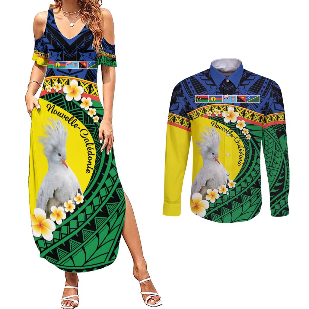 Melanesian New Caledonia Couples Matching Summer Maxi Dress and Long Sleeve Button Shirt Plumeria Kagu Bird and Nautilus Shell LT9 Blue - Polynesian Pride