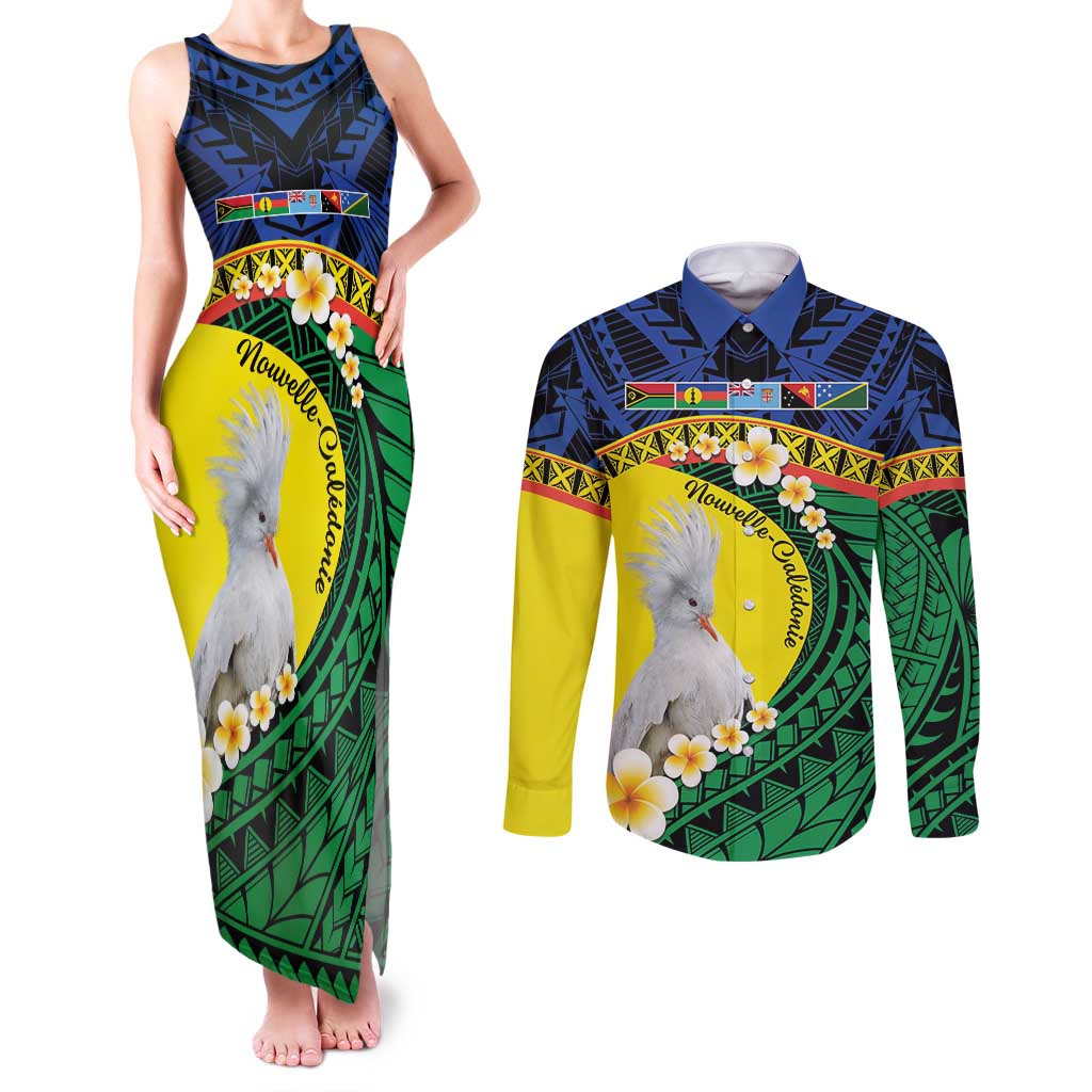 Melanesian New Caledonia Couples Matching Tank Maxi Dress and Long Sleeve Button Shirt Plumeria Kagu Bird and Nautilus Shell LT9 Blue - Polynesian Pride