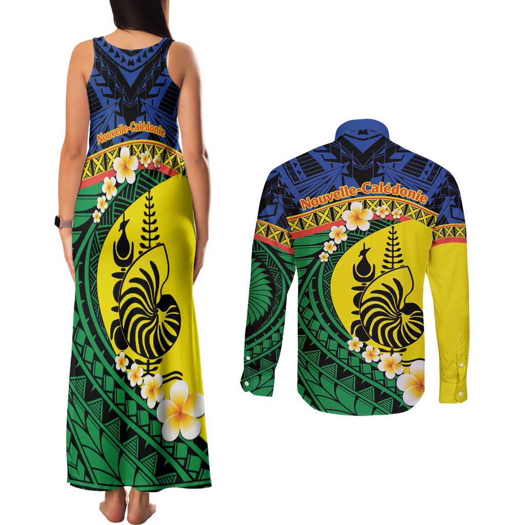 Melanesian New Caledonia Couples Matching Tank Maxi Dress and Long Sleeve Button Shirt Plumeria Kagu Bird and Nautilus Shell LT9 - Polynesian Pride