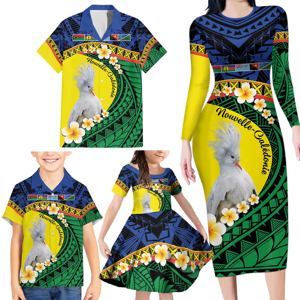 Melanesian New Caledonia Family Matching Long Sleeve Bodycon Dress and Hawaiian Shirt Plumeria Kagu Bird and Nautilus Shell LT9 - Polynesian Pride