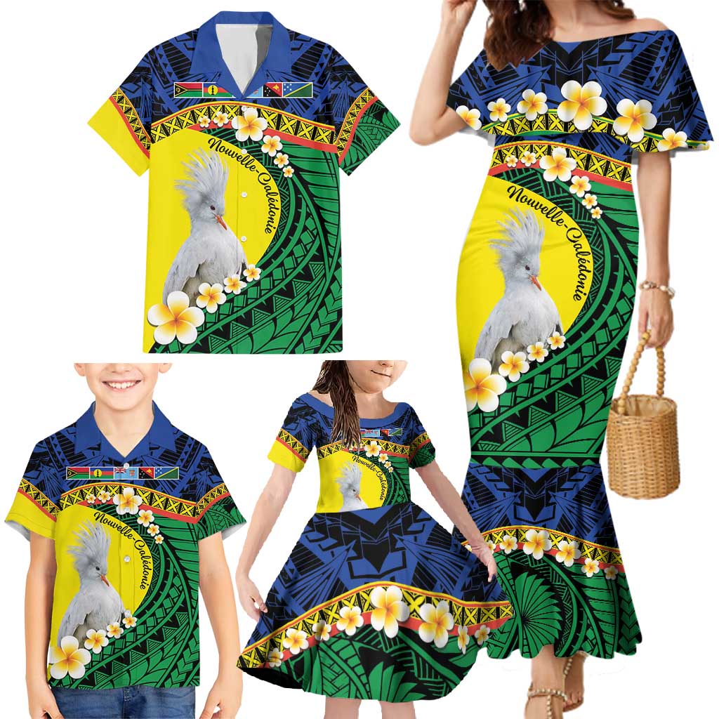 Melanesian New Caledonia Family Matching Mermaid Dress and Hawaiian Shirt Plumeria Kagu Bird and Nautilus Shell LT9 - Polynesian Pride