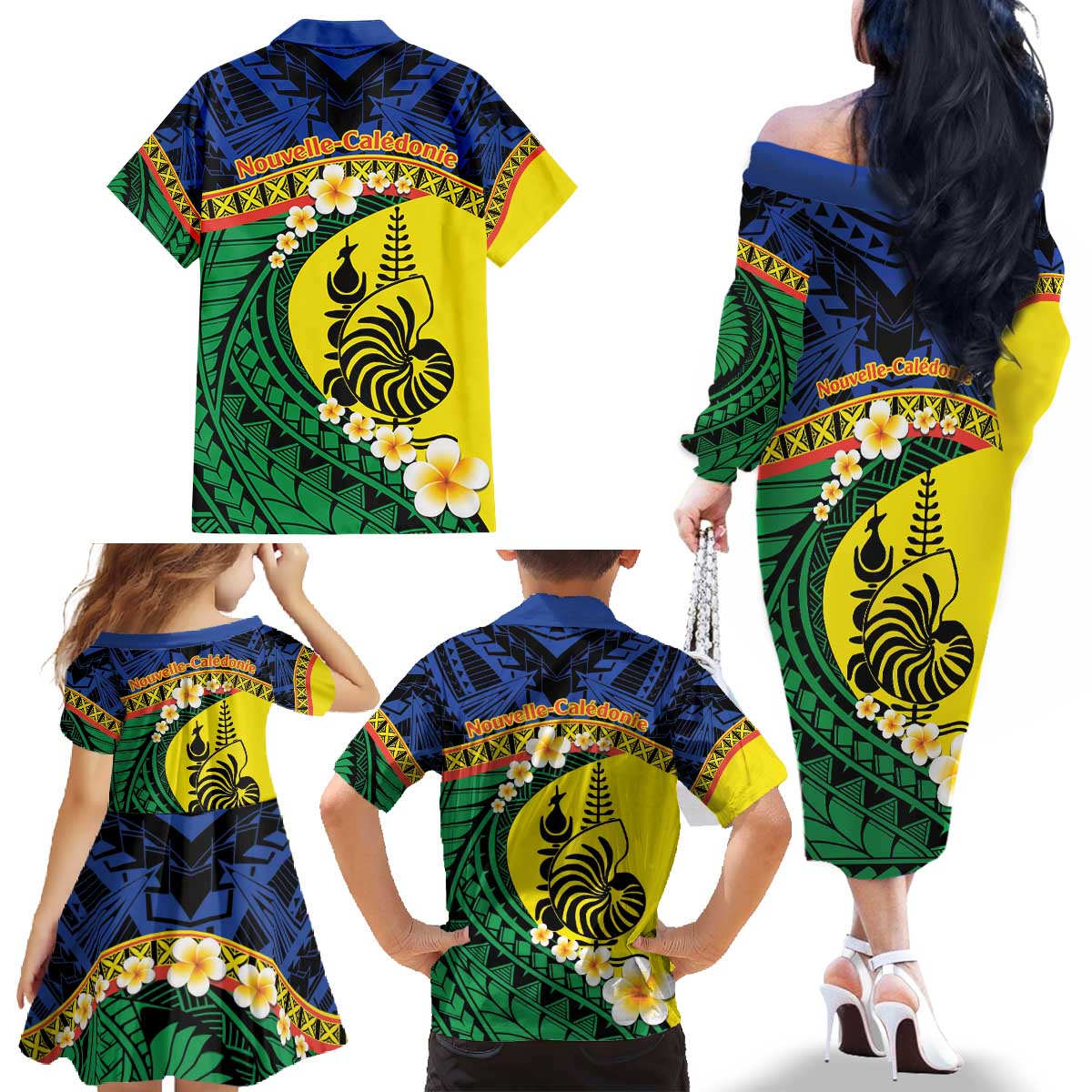 Melanesian New Caledonia Family Matching Off The Shoulder Long Sleeve Dress and Hawaiian Shirt Plumeria Kagu Bird and Nautilus Shell LT9 - Polynesian Pride