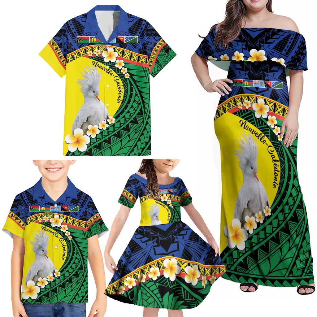 Melanesian New Caledonia Family Matching Off Shoulder Maxi Dress and Hawaiian Shirt Plumeria Kagu Bird and Nautilus Shell LT9 - Polynesian Pride