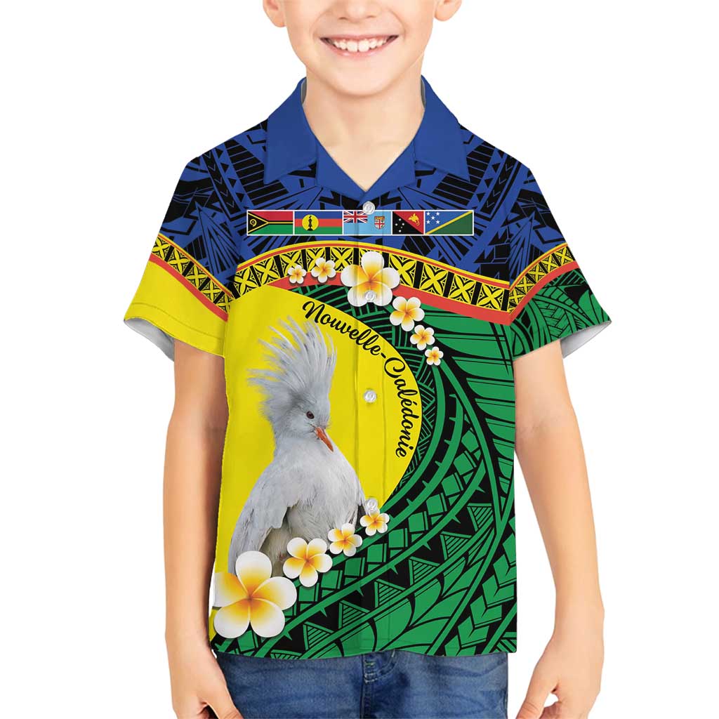 Melanesian New Caledonia Family Matching Off Shoulder Maxi Dress and Hawaiian Shirt Plumeria Kagu Bird and Nautilus Shell LT9 Son's Shirt Blue - Polynesian Pride